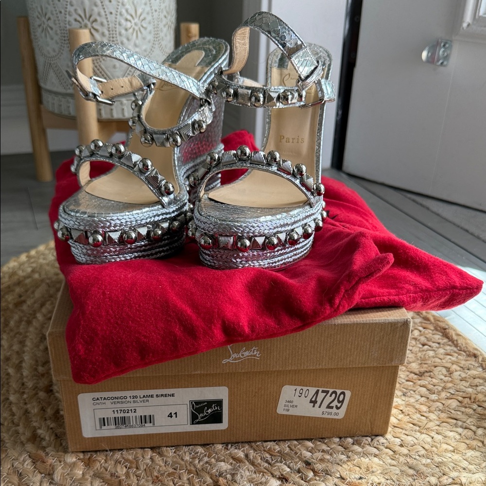 Christian Louboutin Silver Studded Platform Sandals Size 41
